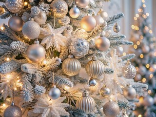 Fototapeta premium Elegant white and silver toned Christmas tree adorned with intricately designed ornaments, garlands, and sparkling lights, evoking a sense of magical winter wonderland charm.