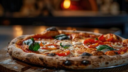 Freshly baked artisan pizza with melted cheese, tomatoes, and basil leaves, straight from a rustic wood-fired oven.