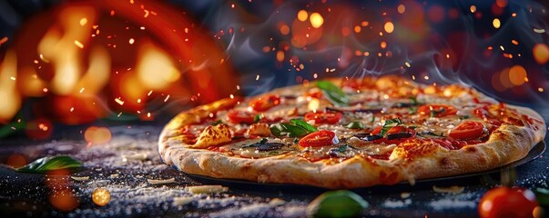 Delicious freshly baked pizza with toppings, sprinkled flour, and a wood-fired oven in the background, perfect for culinary themes.