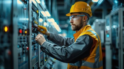 Industrial engineer in safety gear operating hightech control panel in modern factory