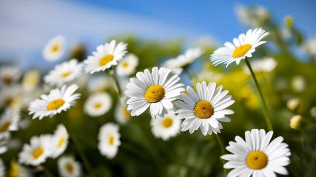 Field daises background swaying in wind close up. White blooming chamomile flowers summer field meadow close-up. Wildflowers in nature spring. Environmental conservation, ecosystem. beautiful daises