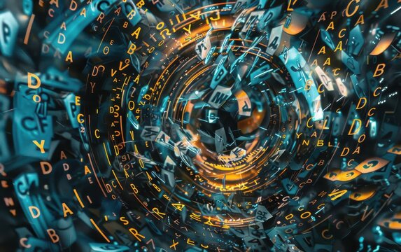 Dynamic Spiral of Floating Letters in a Digital Storm of Turquoise and Orange