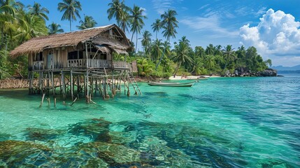 A rustic seaside hut perched on stilts above turquoise waters against a backdrop of palm-fringed shores, offering idyllic accommodations for beachfront relaxation.