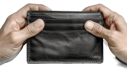 Empty mock up black wallet in men hands isolated cut out on PNG format