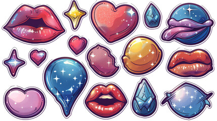 Naklejka premium set of patch badges with lips and heart isolated cut out on PNG format