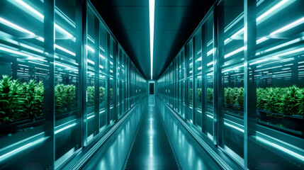 Fototapeta premium Green herbs growing indoors, futuristic farming technology