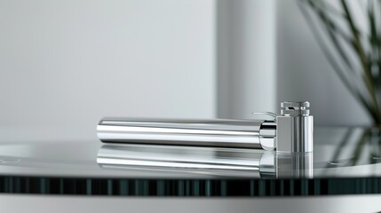 A sleek chrome cigar lighter positioned on a contemporary glass table against a backdrop of minimalist white, adding a touch of modern flair to the smoking experience.