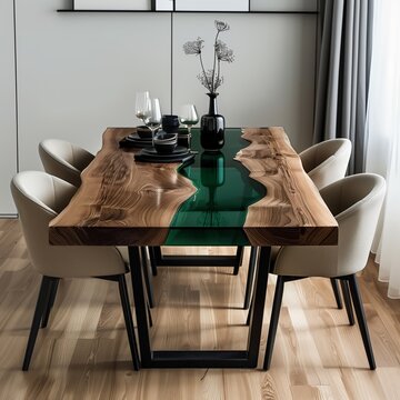 Luxurious dining table with green epoxy resin river and modern chairs