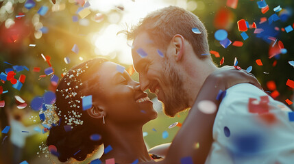 Side portrait of a happy african american biracial couple in love at a party with blue and red confetti falling on them. Black woman white man. Independence day july 4th party outdoors in America.
