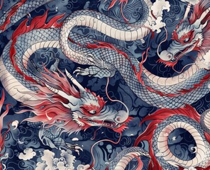 Obraz premium Majestic Blue and Red Chinese Dragon Pattern