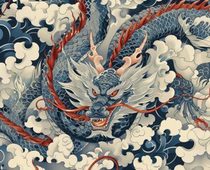 Majestic Azure Dragon Soars Amidst in Traditional Chinese Ink Wash Painting Style