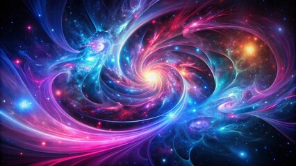 Fototapeta premium Vibrant swirls of pink, purple, and blue hues dance across a starry black background, evoking an otherworldly nebula in this mesmerizing abstract digital art piece.