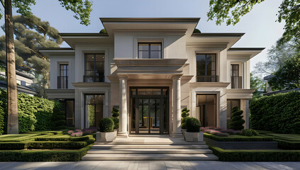 Fototapeta premium A luxurious two-story house with modern architecture, surrounded by manicured gardens and lush greenery, well-suited for high-end living.