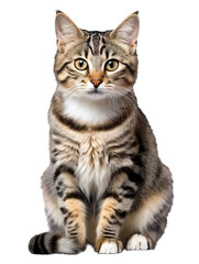 A beautiful tabby cat sits and looks carefully ahead, isolated on a transparent background