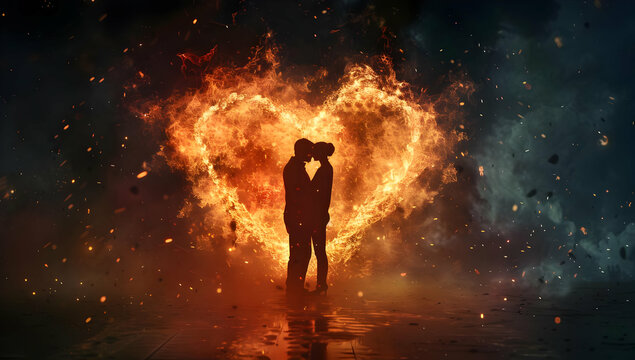 A romantic couple shares a passionate kiss within a flaming heart, symbolizing intense love and fiery passion amidst a dreamy backdrop.