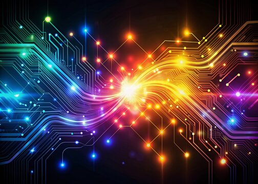 Vibrant digital waves and glowing circuits intersect on a dark background, representing the dynamic flow of information and innovative technological advancements.