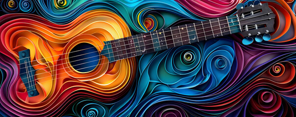 A vibrant and colorful abstract painting featuring an acoustic guitar surrounded by swirling, energetic patterns and hues.