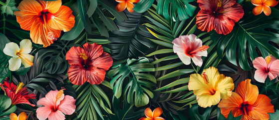 A vibrant tropical pattern featuring colorful hibiscus flowers and lush green leaves, perfect for summer-themed designs and backgrounds.