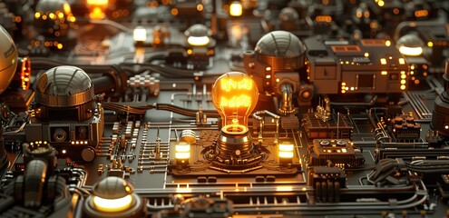 A light bulb lights up on the motherboard with a blur effect background