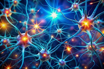 Fototapeta premium Illuminated neurons in vibrant colors, connected by glowing synapses, pulsate with soft blue light, symbolizing the dynamic, fleeting nature of human thought processes.
