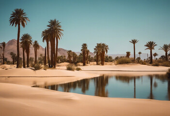 Obraz premium Landscape with an oasis with palm trees and water in the desert
