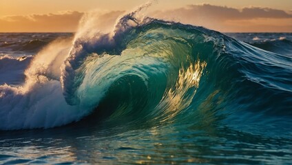 Colorful ocean wave breaking at sunset, capturing dramatic motion