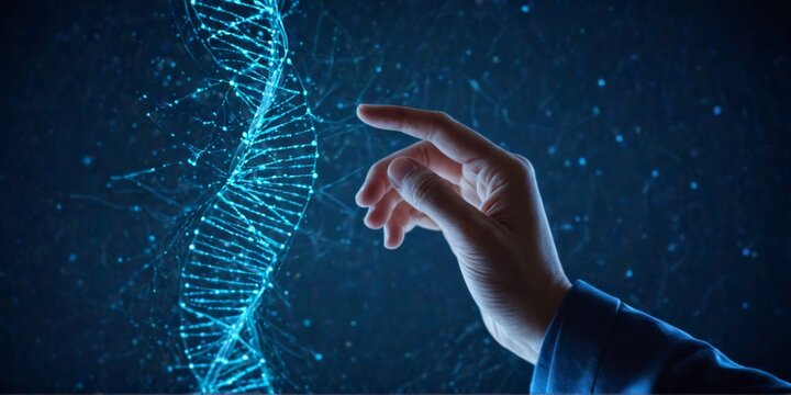 hand person touching DNA strand touch screen