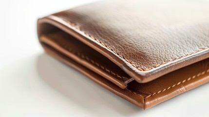 Brown leather wallet resting on a white surface, showcasing the skillful stitching craftsmanship