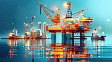 Petroleum industry, oil rig and refinery, flat design illustration 