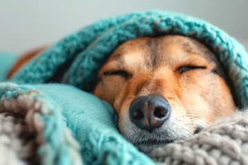 Dog naps peacefully under a blue teal blanket