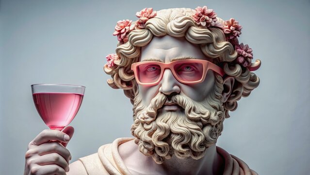 Ancient Greek bust of bearded Dionysus, god of wine and revelry, dons trendy rose-colored glasses, holding a delicate pink goblet on a pristine white backdrop.