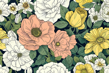 Obraz premium Beautiful seamless floral pattern featuring colorful hand-drawn flowers in bloom, perfect for textile, wallpaper, and digital design.