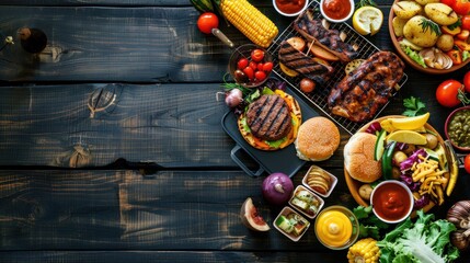 Delicious Grilled BBQ Feast with Vegetables and Condiments on Rustic Wooden Table