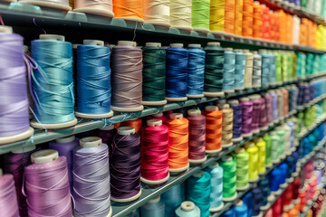 Brightly colored spools of thread neatly arranged on shelves in a store, offering a wide variety of hues for sewing and embroidery projects.