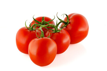 Red, fresh tomatoes on a branch isolated on a white background. Full depth of field.