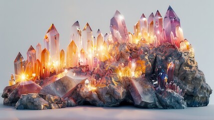 A crystal cavern filled with glowing gems and precious metals, in white background