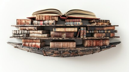 Fototapeta premium A floating library filled with books of ancient knowledge and forgotten lore, in white background