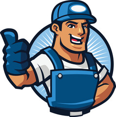 Professional Male Handyman in Blue Cap and Overalls Giving Thumbs Up