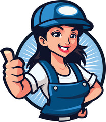 Professional Female Handyman in Blue Cap and Overalls Giving Thumbs Up