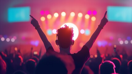 Person dancing with raised arms at a concert with bright lights illustration.