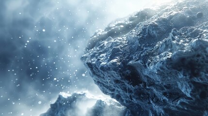 Close-up of icy rock formation with snowflakes falling, creating a serene winter scene. Perfect for nature and winter-themed designs.