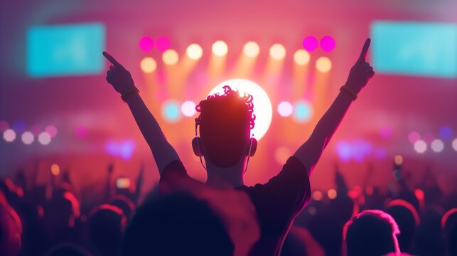Person dancing with raised arms at a concert with bright lights illustration.