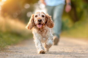 Cheerful furry dog runs towards the camera on a dirt trail during a training session surrounded by green grass