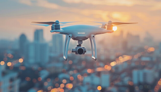 A drone is capturing the beautiful sunset scenery over a city, flying through the sky