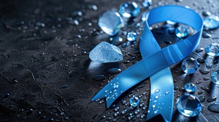 Blue Ribbon and Crystals on Dark Wet Surface