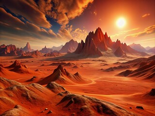 Naklejka premium Dramatic Martian landscape featuring towering rust-red mountains, vast expanses of crimson sand, and a breathtakingly vivid orange-hued sky on the barren planet.