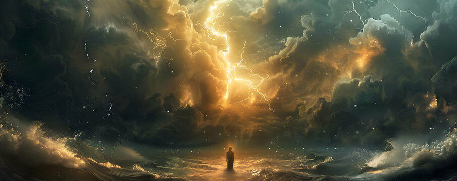 Dramatic stormy scene with intense lightning strike in a turbulent sky, highlighting the power and beauty of nature in a surreal moment.