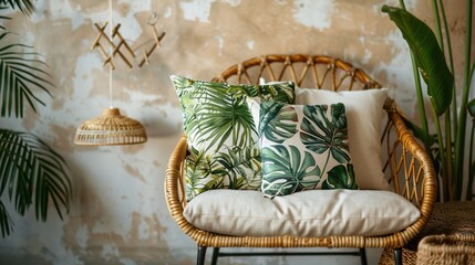 A trio of decorative accent pillows with botanical prints arranged on a rattan chair against a backdrop of natural woven straw, bringing a touch of nature indoors.