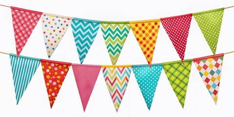 Vibrant colorful triangle pennants with festive patterns and textures, perfect for decorating birthday parties, creating a fun and lively celebration atmosphere with customizable designs.