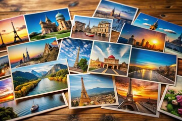 travel photos of different landmarks and tourism destinations on table